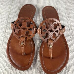 Tory Burch Miller Medallion Thong Sandal Brown Snakeprint Leather Sz 10